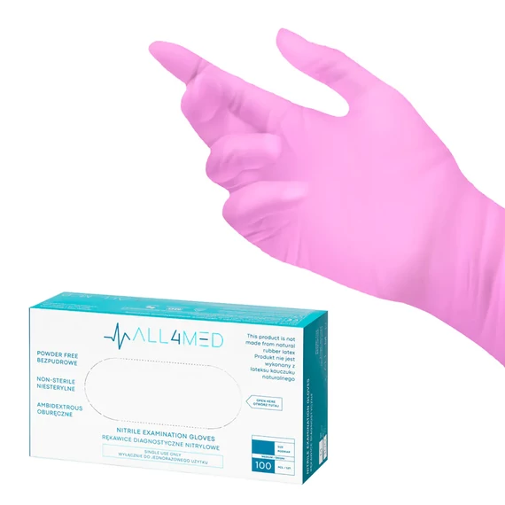 All4med eldobható diagnosztikai nitril kesztyű, rózsaszín, M, 100 darab